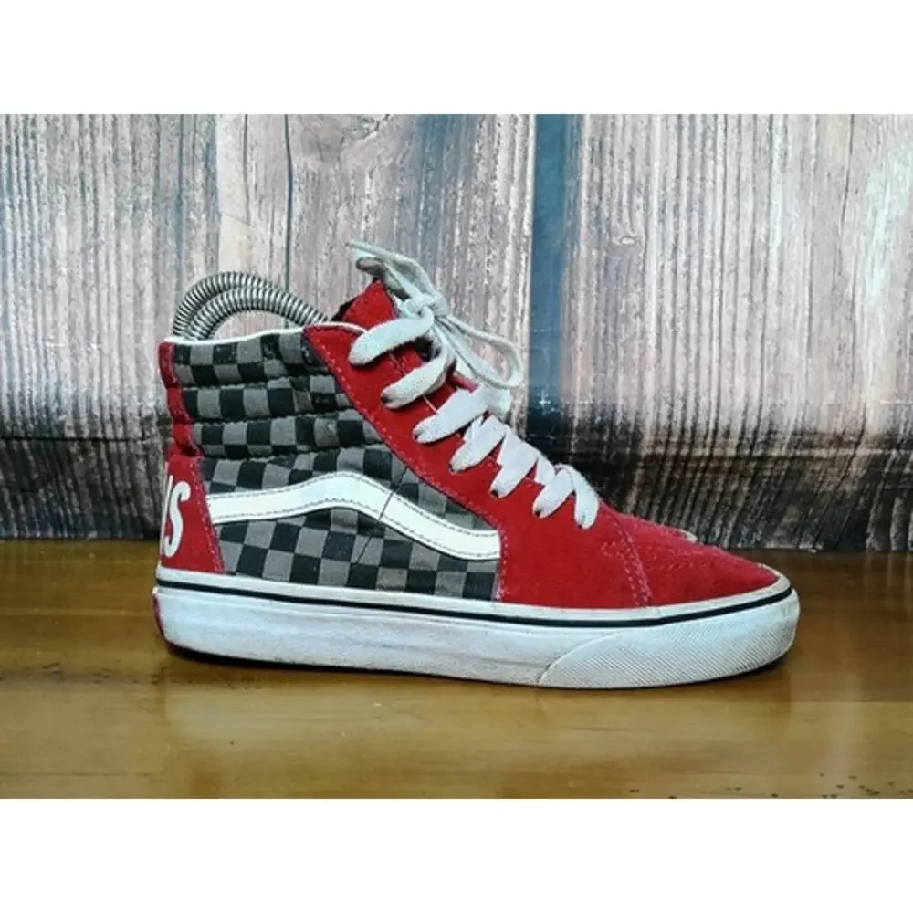 Vans Sk8-Hi Kids High Top Red/Gray Checkerboard‎ Size 3Y
